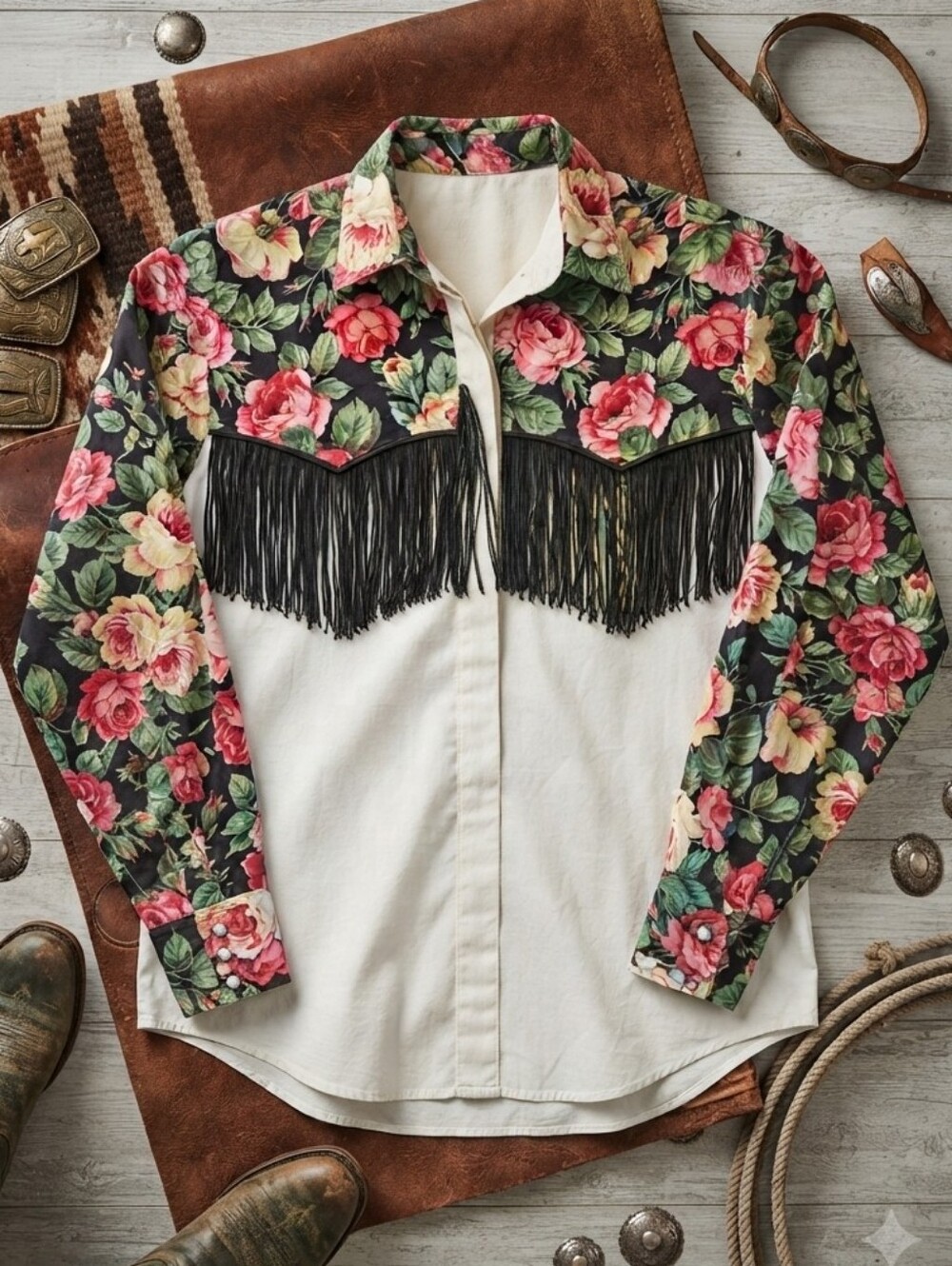 Vintage Damsel Duds Black White Pink Roses Fringe Long Sleeve Button Up Blouse